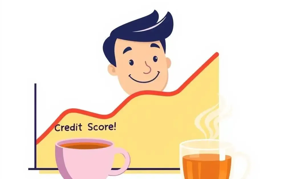 A cheerful person viewing a rising credit score graph while sipping tea.