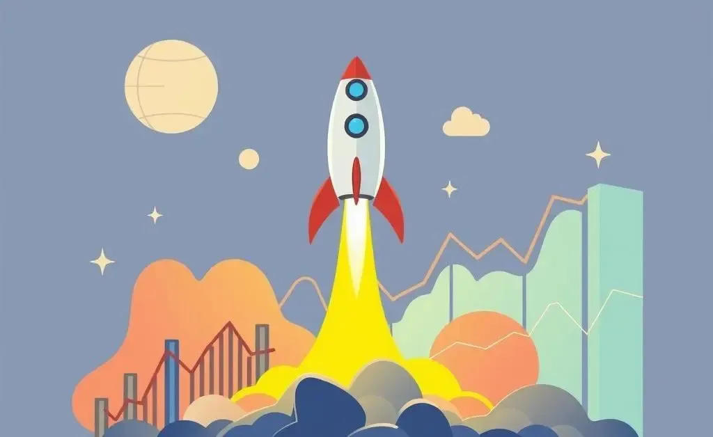 A hand-drawn image of a rocket launching with financial graphs, symbolizing space investments