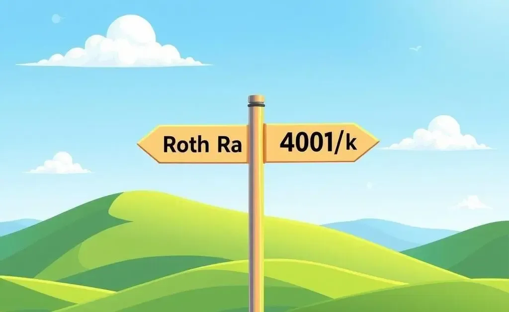A crossroads sign with paths for Roth IRA and 401(k)