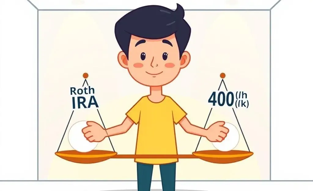 Person weighing Roth IRA and 401(k) options on scales