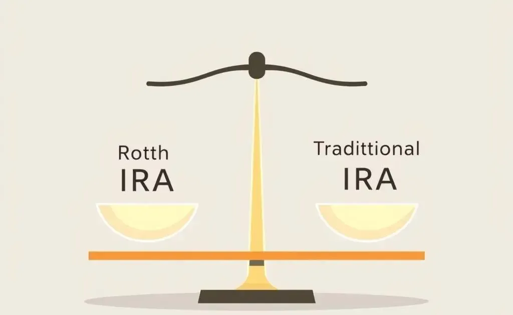 Balanced scale illustrating the pros and cons of Roth and Traditional IRAs