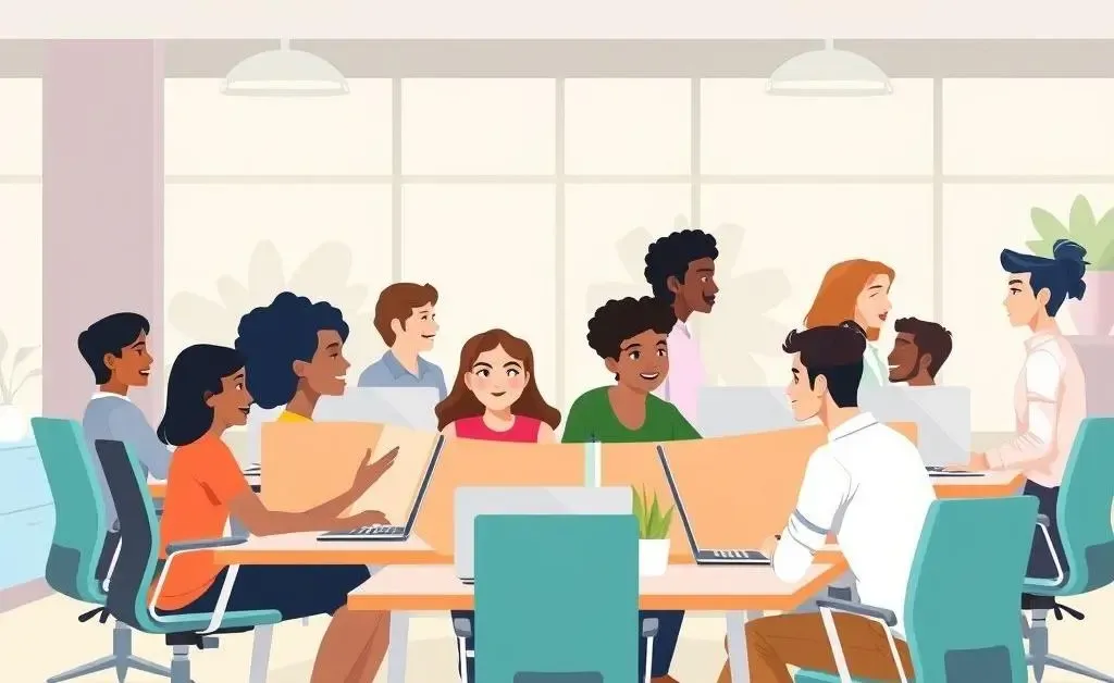 An office with diverse employees respecting each other's space.