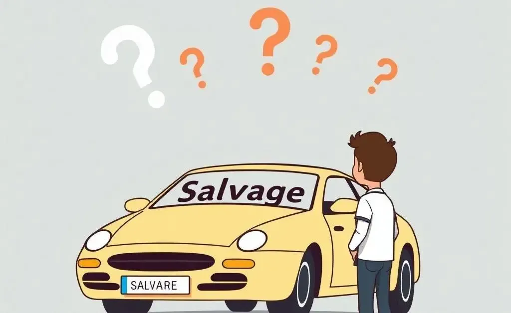 Cartoon illustration of a person looking at a salvage car with question marks