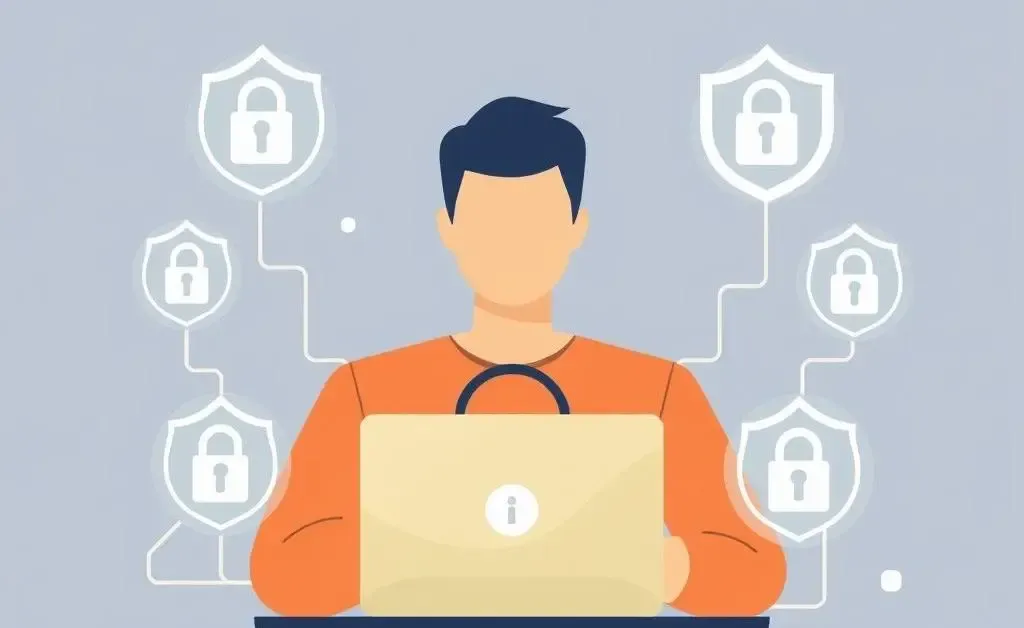 Person shopping online with virtual credit cards and digital security symbols