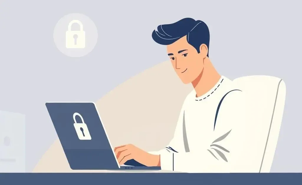 Person shopping online with a laptop displaying a padlock symbol.