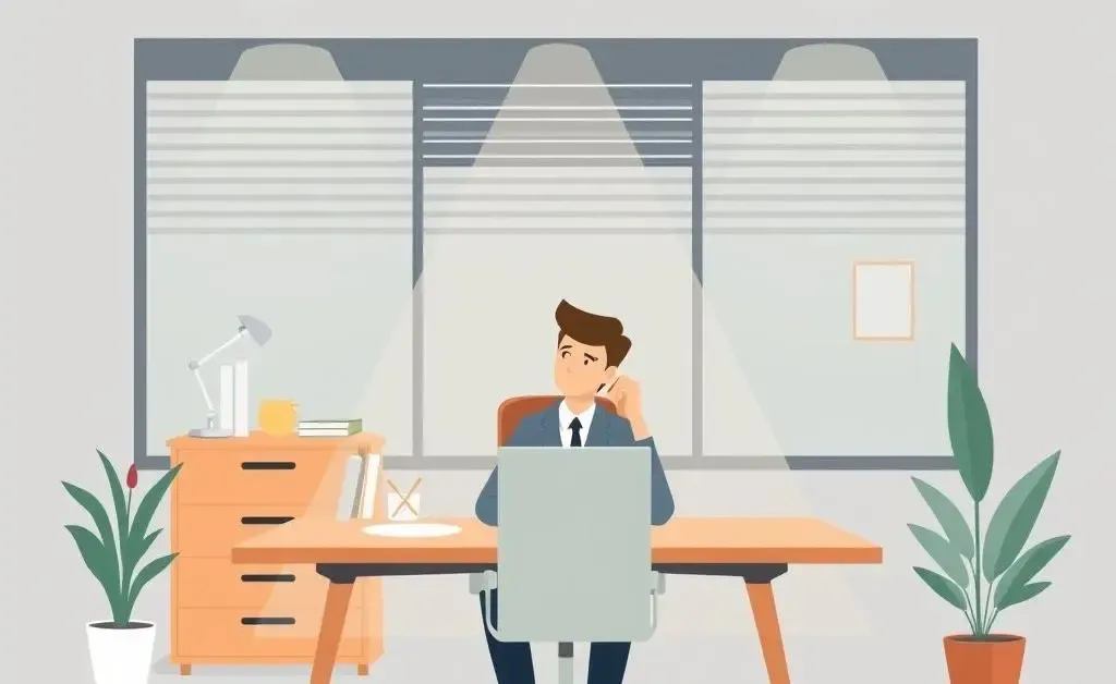 A thoughtful employee at their desk in a serene office setting