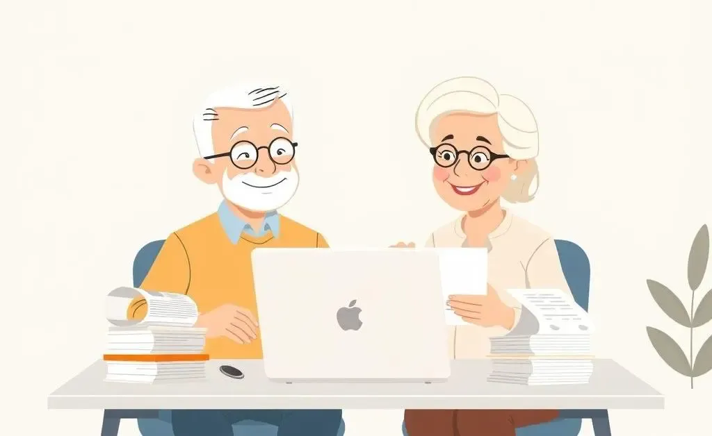 Senior couple researching HMO options on a laptop