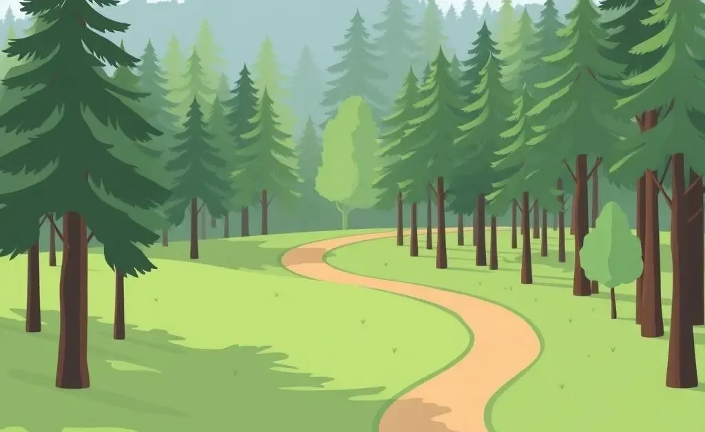 A tranquil path through a lush forest, symbolizing a life's journey