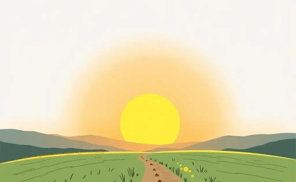 Hand-drawn illustration of a serene path leading towards a bright sunset over a peaceful landscape