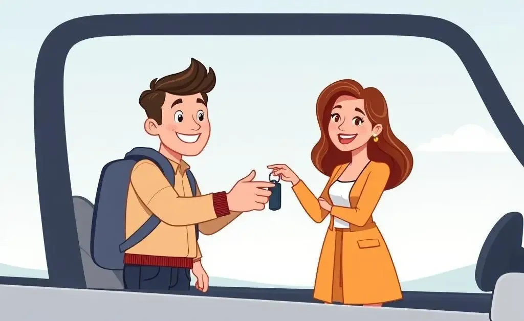 A cartoon of a person handing car keys to a friend.