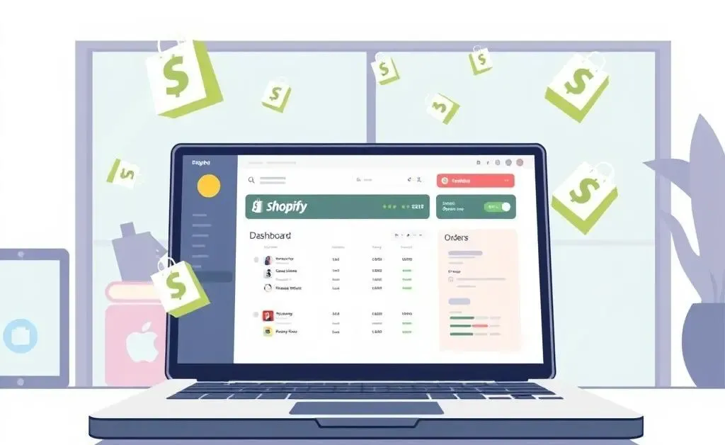 A laptop with Shopify dashboard and flying order icons.