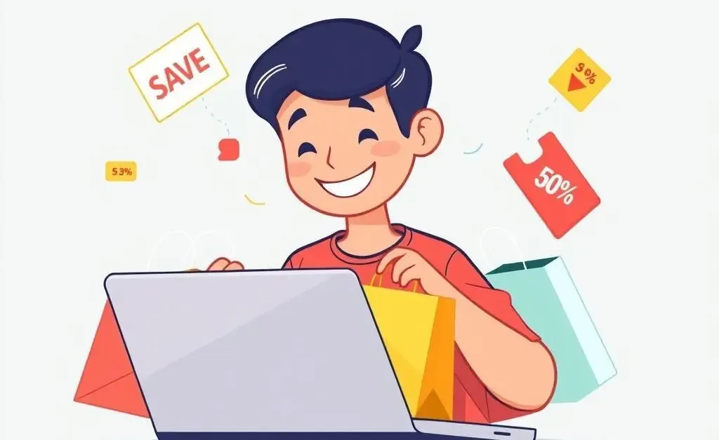 Illustration of person enjoying savings from online shopping offers