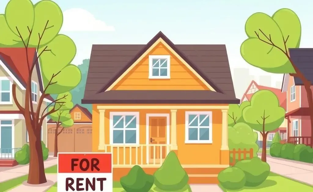 Cozy home with 'For Rent' sign in a lively neighborhood