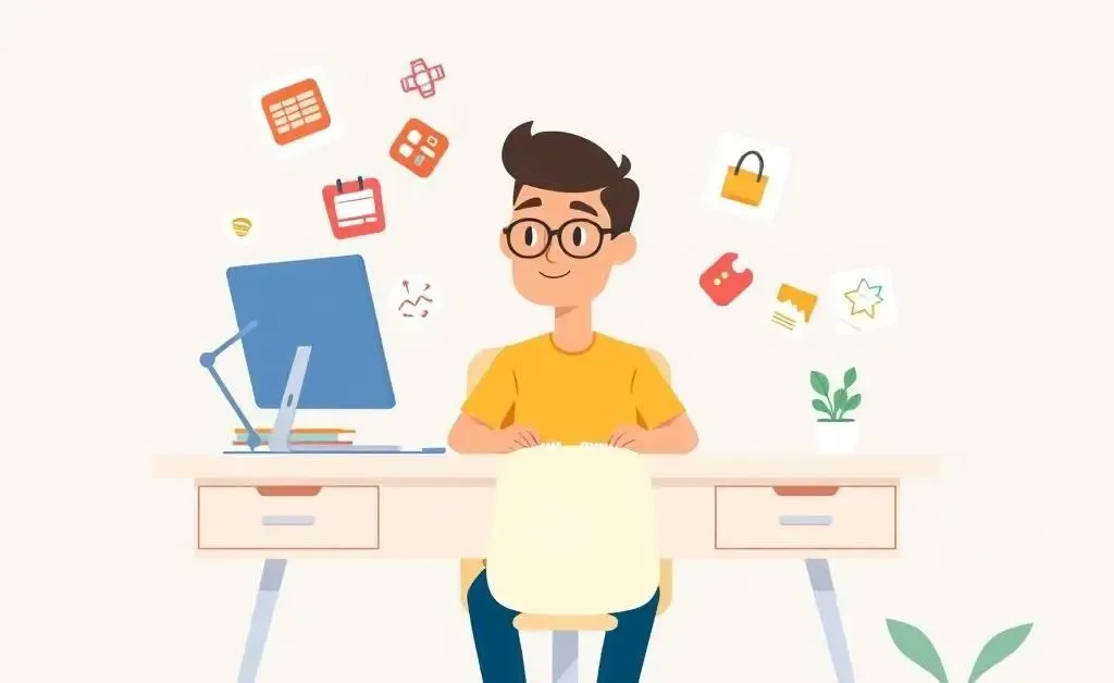 A person juggling different tasks at a desk, representing side hustles.