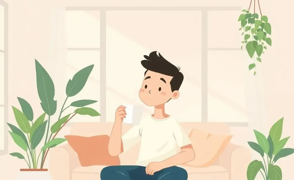 Person relaxing with coffee in a peaceful minimalist living room