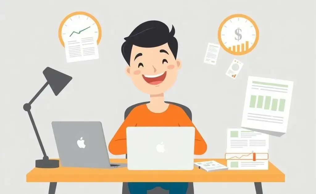 A happy person at a desk managing finances