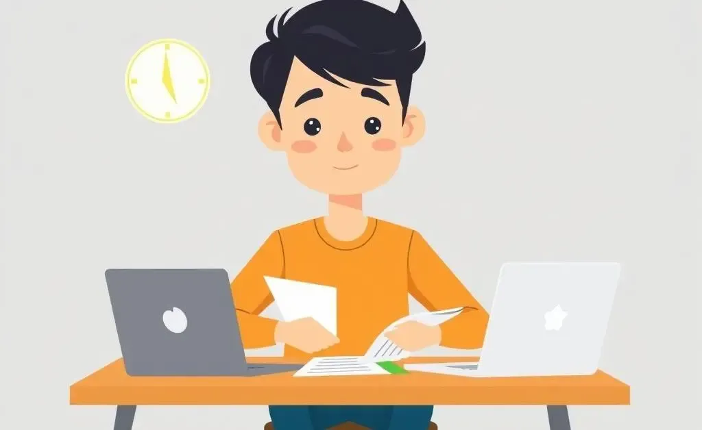 A young adult at a desk studying financial documents for investing.