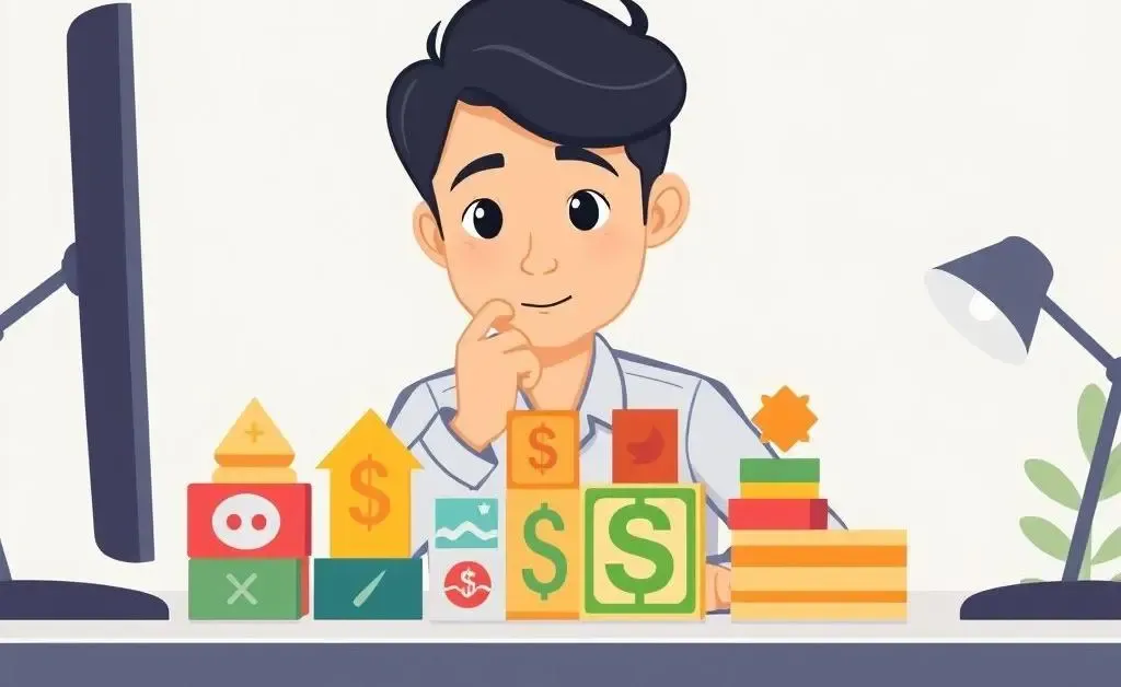 Person organizing investment blocks at a desk