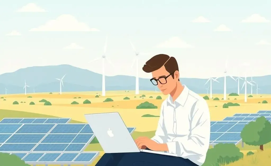 A smart investor analyzing energy market trends on a laptop with a backdrop of solar panels and wind turbines