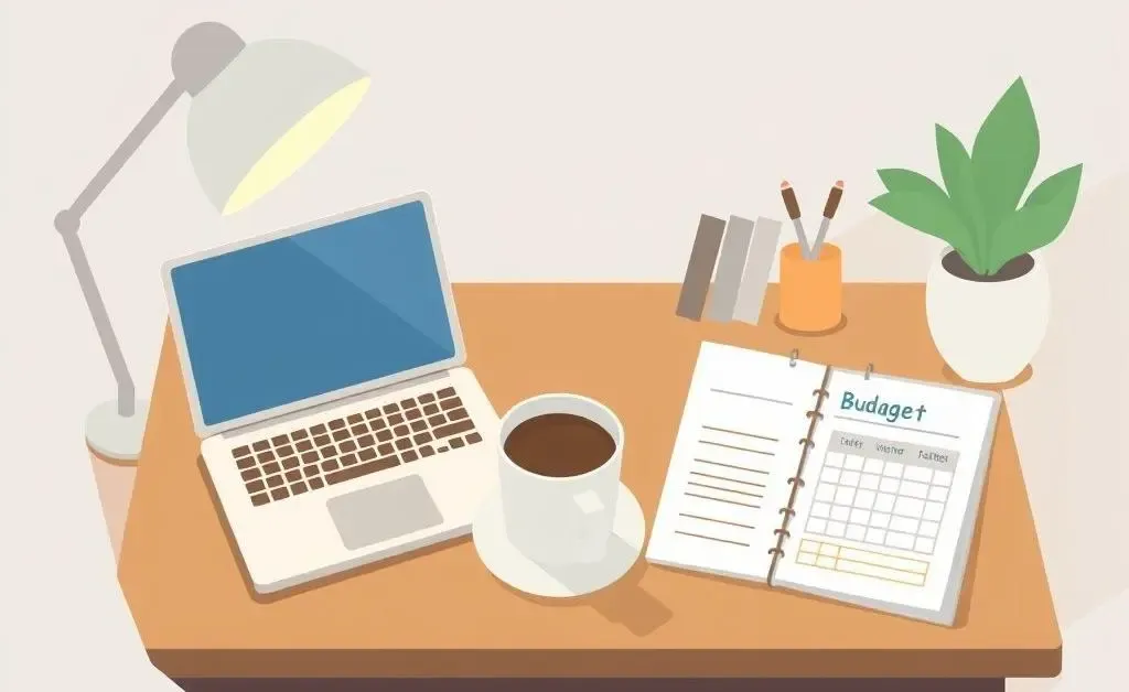 A cozy setup for planning financial savings with a laptop and notepad.