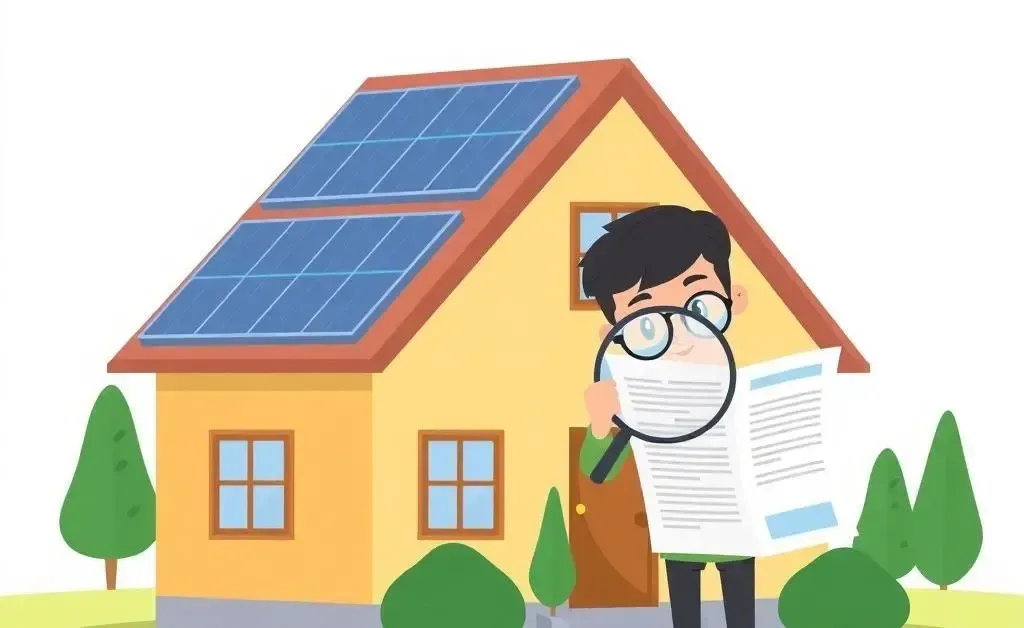 Cartoon of a house with solar panels and a person examining a contract