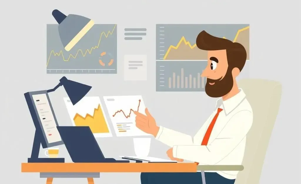 Illustration of an investor studying stock charts