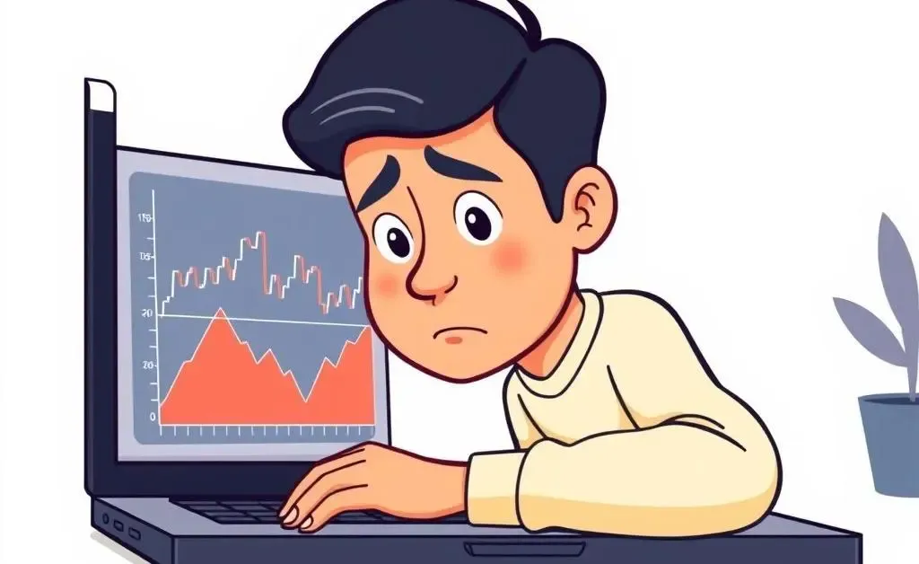 A person looking at a stock market chart on a laptop with a puzzled expression