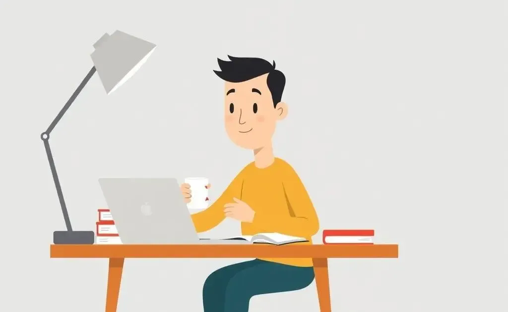 An illustration of a person calmly researching investing at a desk.