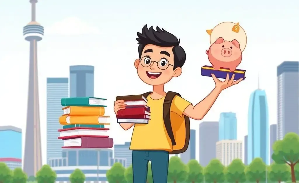 An international student balancing books and a piggy bank with the Canadian skyline in the background