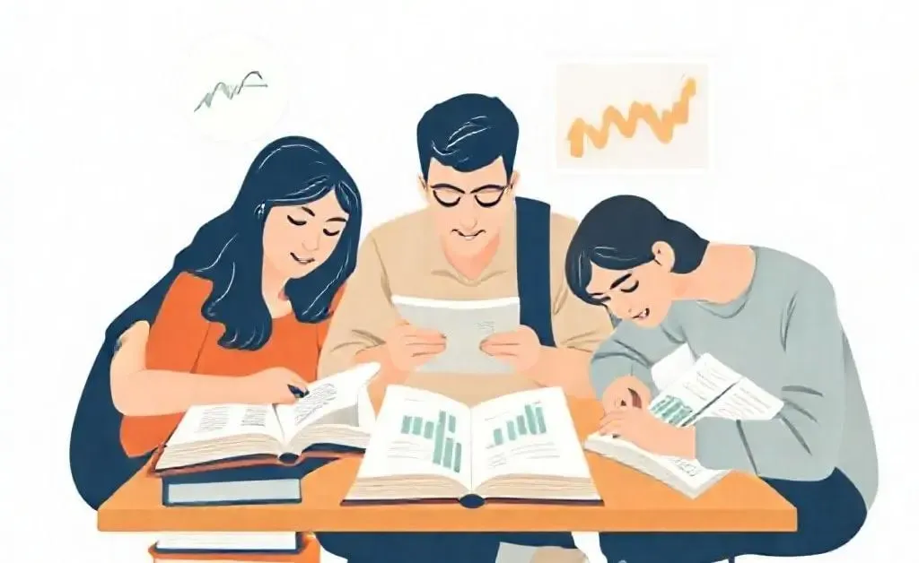 College students studying finance with charts and books