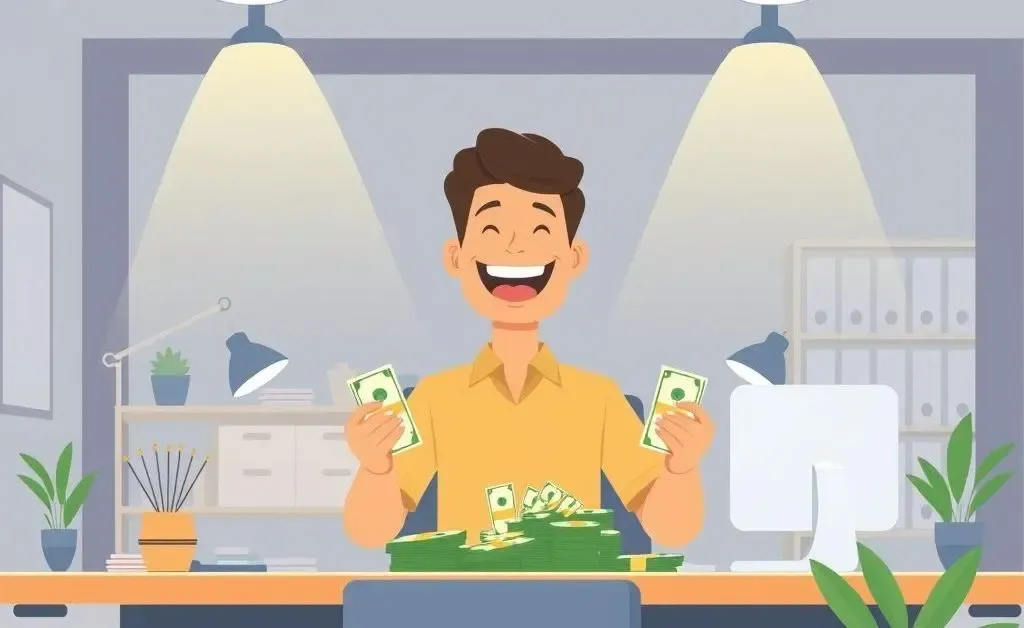 A cartoon of a person counting money at a desk with a laptop