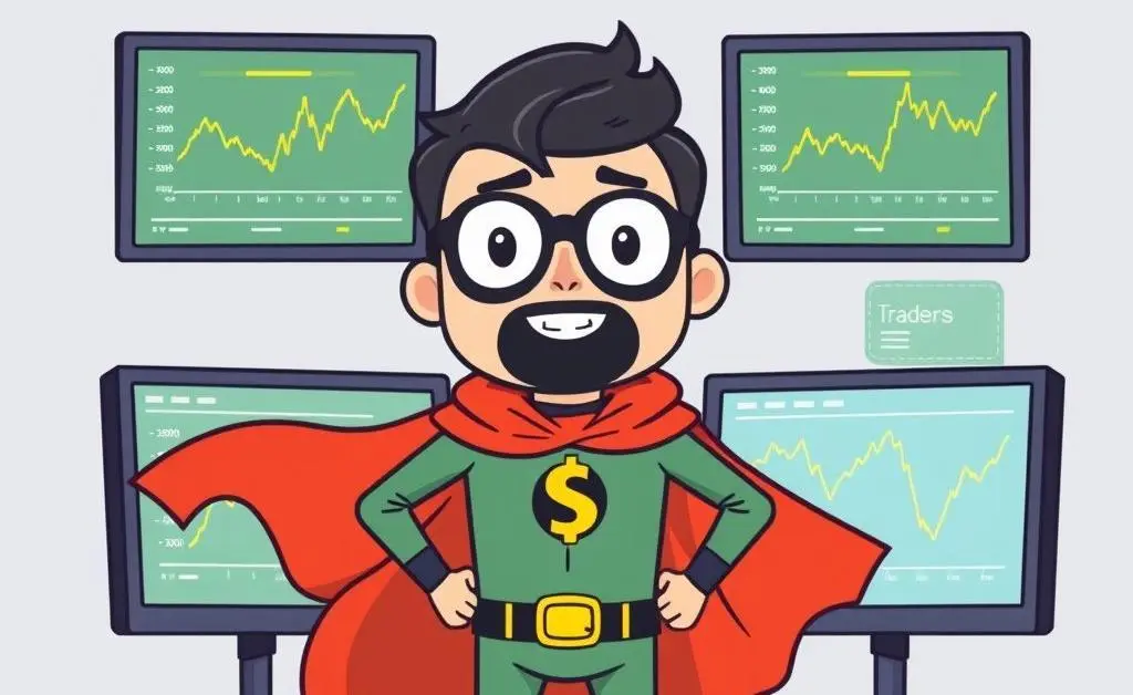 Cartoon trader in superhero costume at a stock trading desk