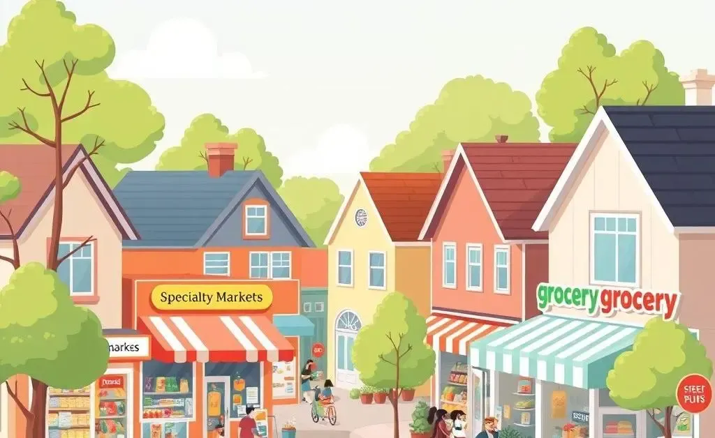 A cartoon-style illustration of a neighborhood with various supermarkets.