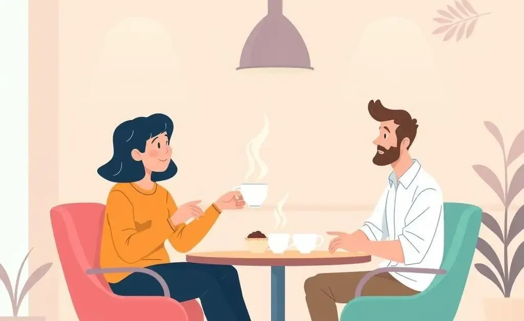 Two friends chatting over tea about cryptocurrencies.
