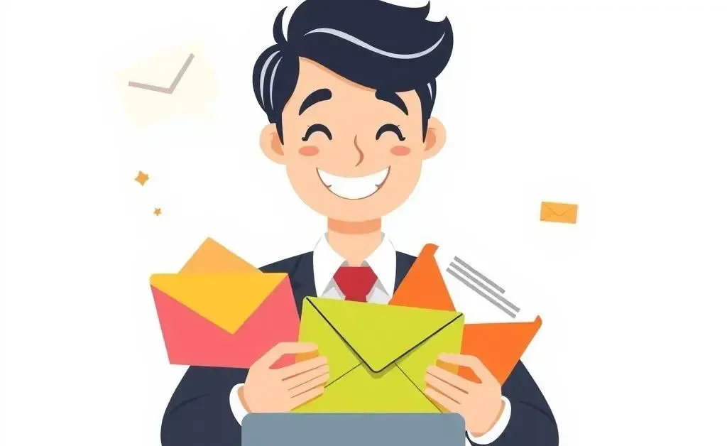 An illustration of a person handling colorful mail from a successful targeted mailer campaign