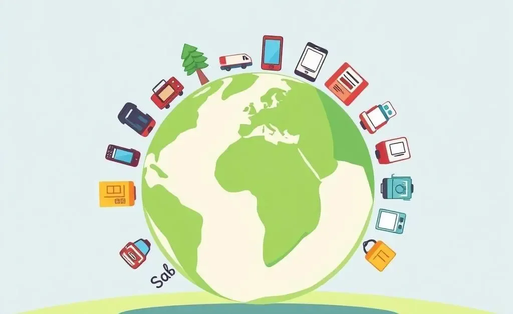 Cartoon image of a globe with icons of consumer goods representing tariff impacts