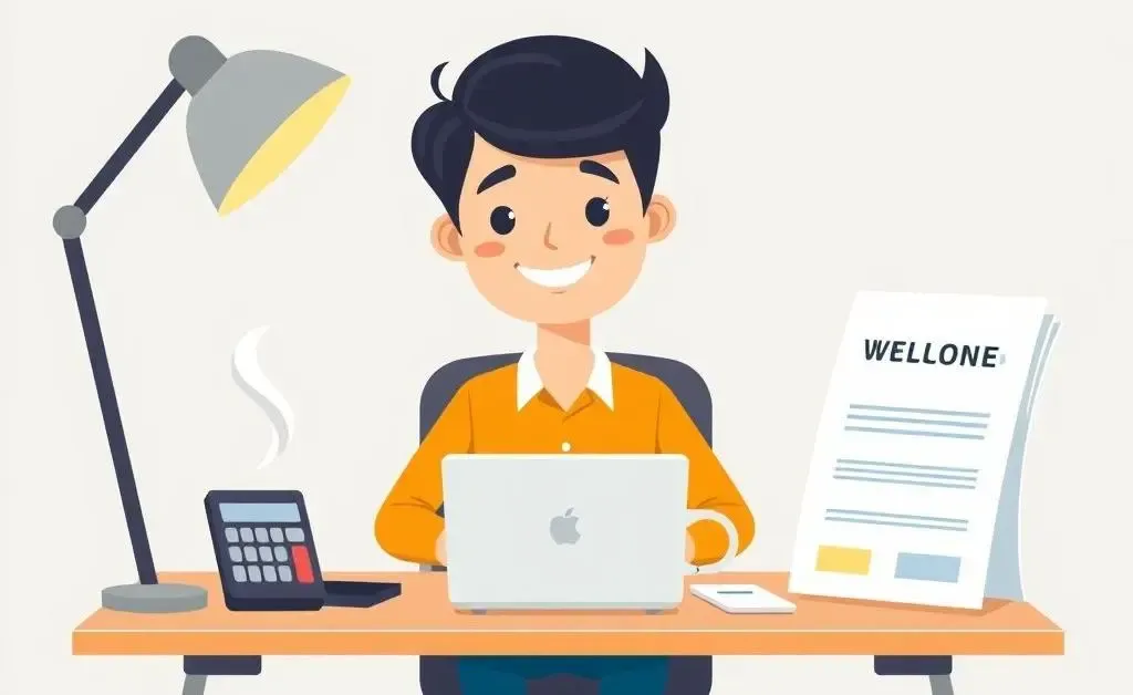 Illustration of a person at a desk preparing for taxes.