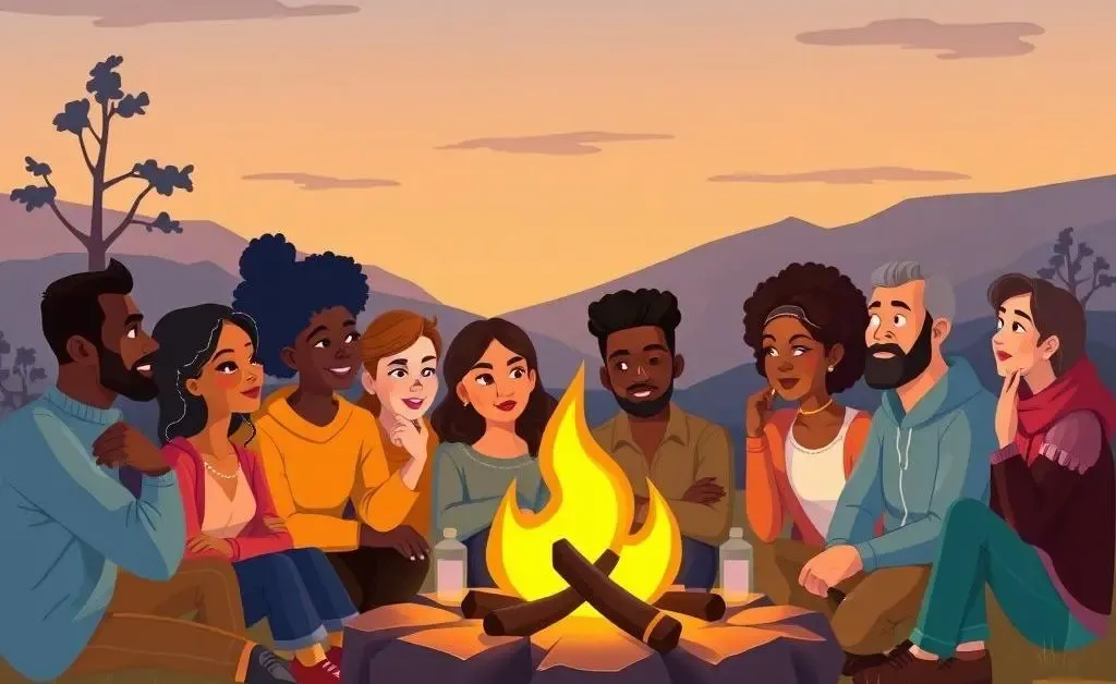 Diverse group gathered around a campfire, symbolizing financial planning