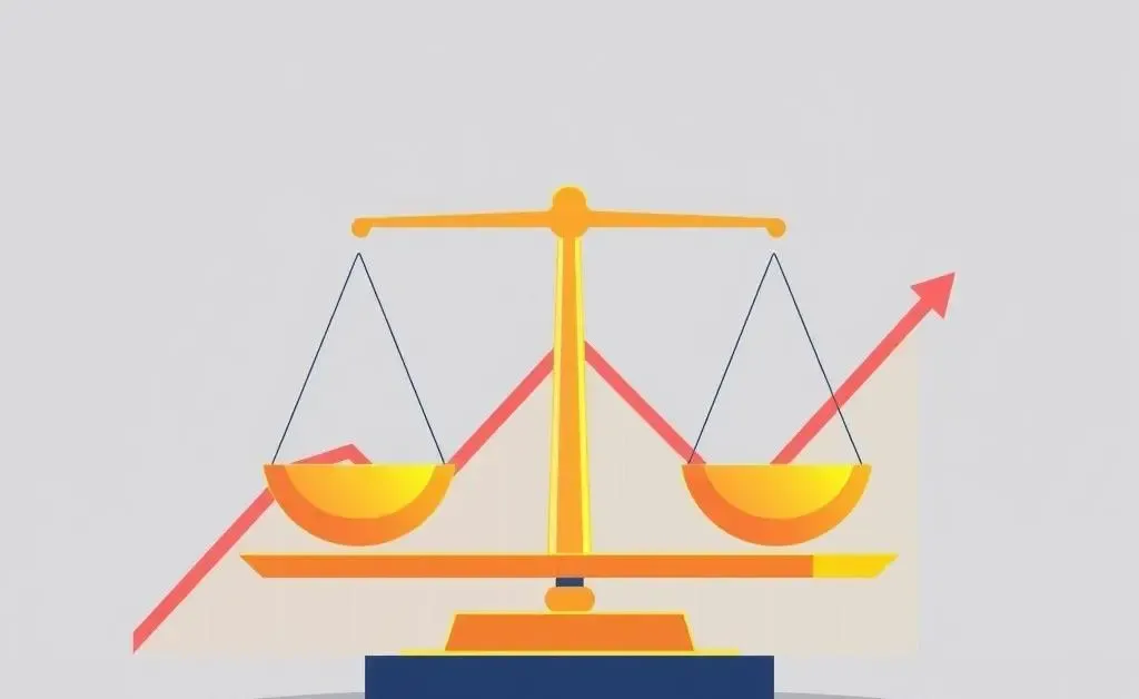 Cartoon illustration of a tech-themed balance scale with stock chart