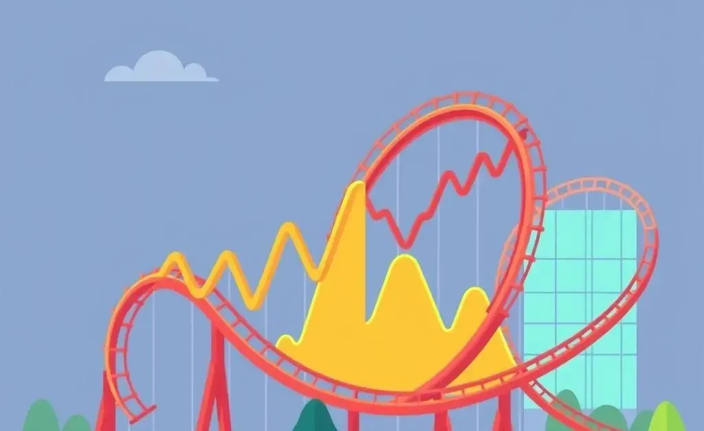 A roller coaster made of stock market charts, symbolizing the ups and downs of tech stocks