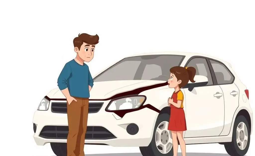 A worried parent talking to a teenager in front of a dented car