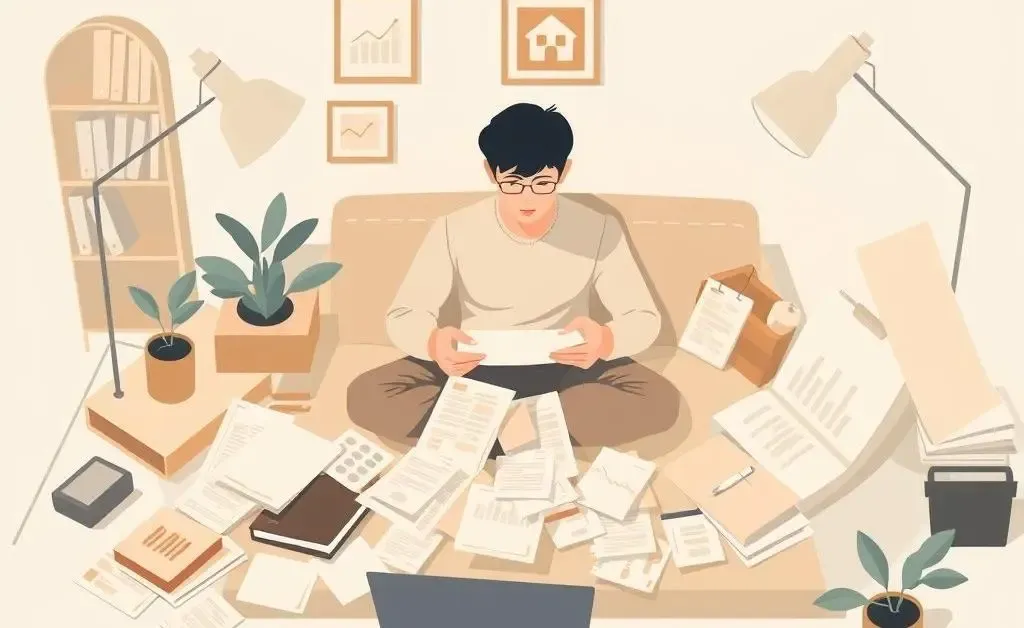 A person sitting at a desk calculating financial plans with a relaxed atmosphere