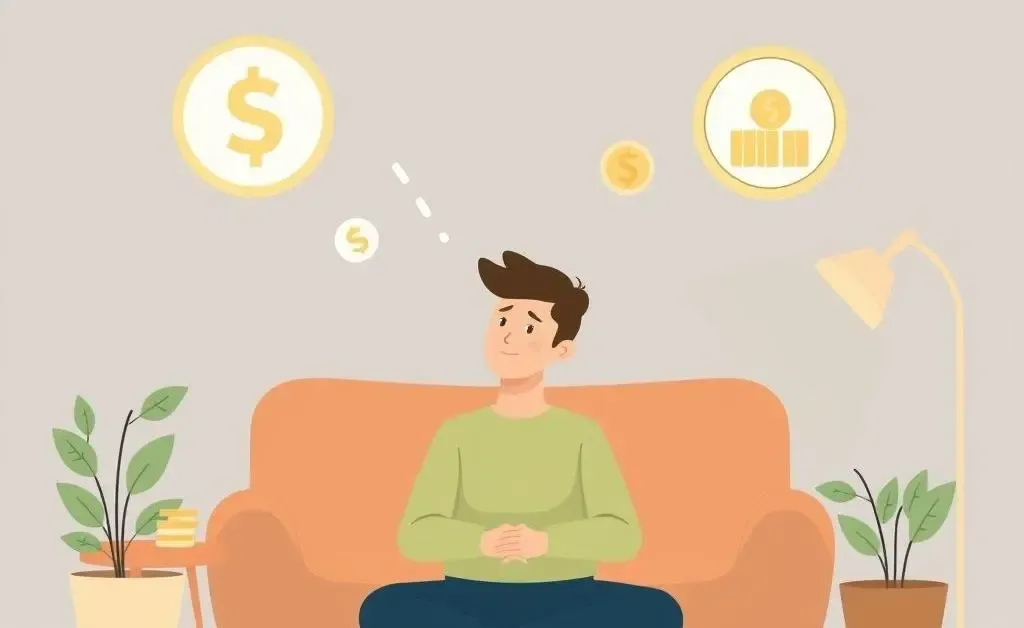 A person sitting thoughtfully at a desk, surrounded by soft illustrations of financial symbols.