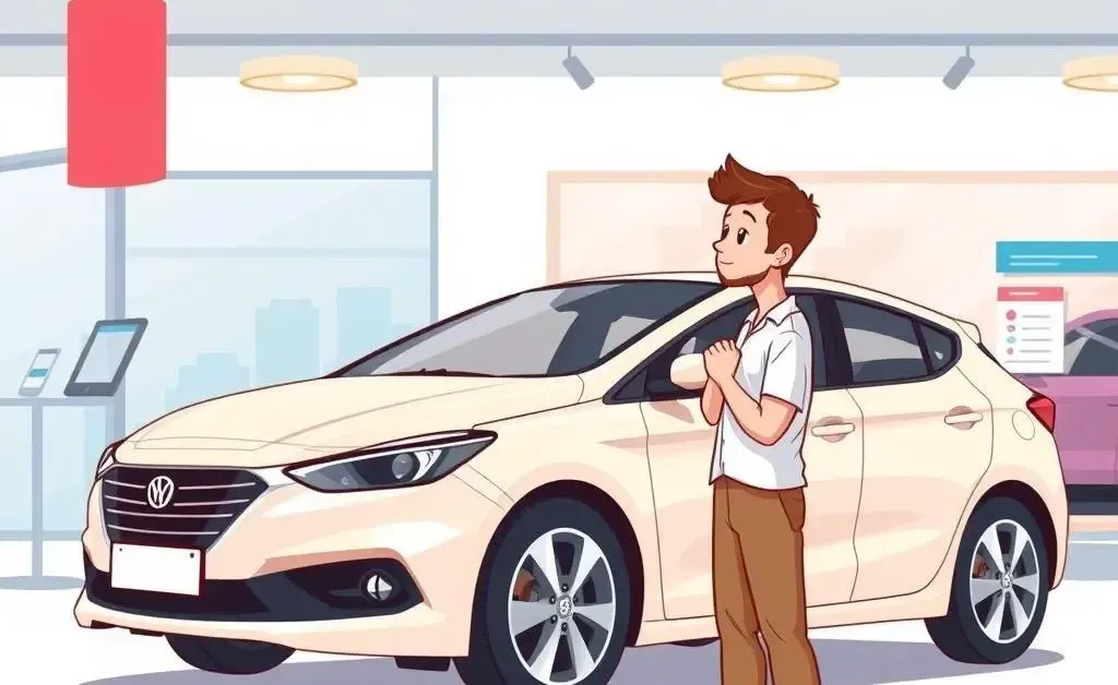 A cartoon-style person inspecting a used car at a dealership.