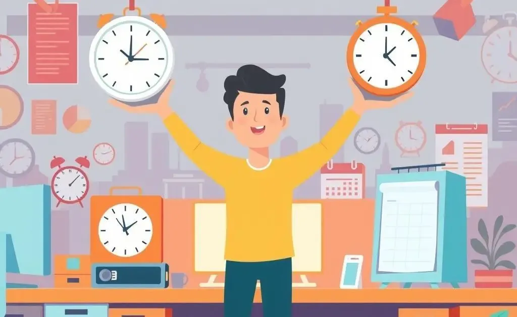 A cartoon of a person balancing multiple clocks and a calendar