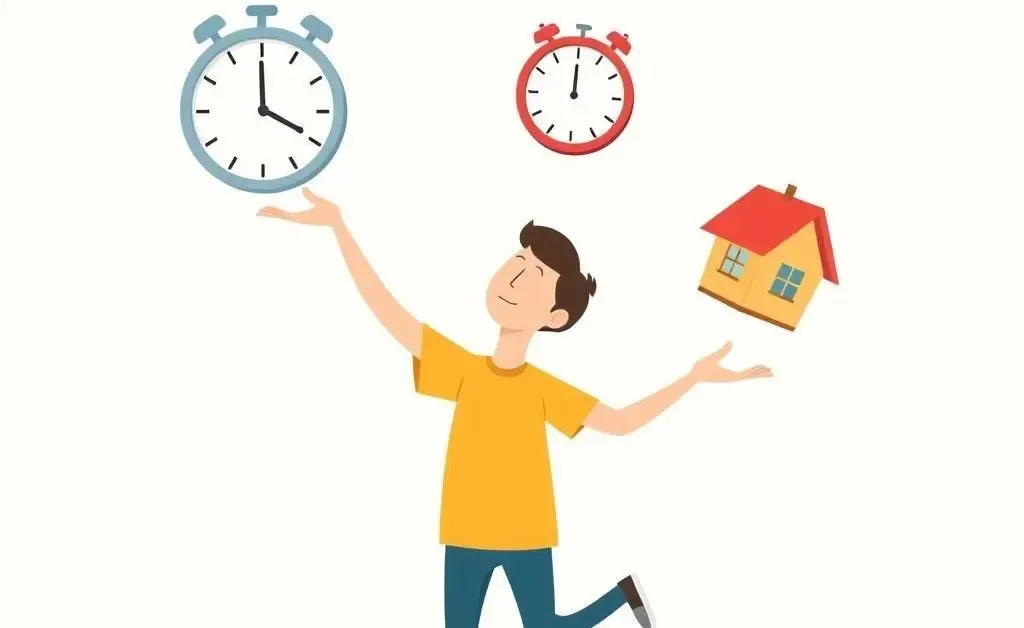 Cartoon of someone juggling a clock, calendar, and house