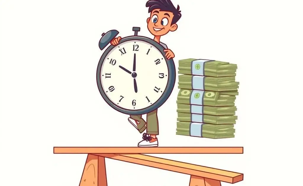 Illustration of a person balancing a clock and money on a seesaw.