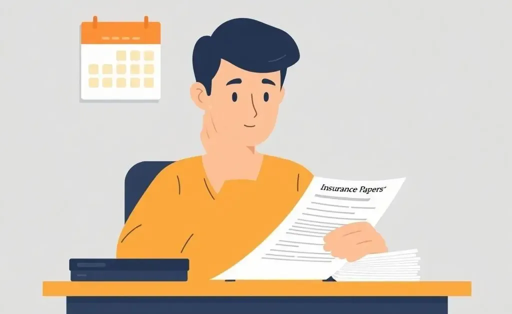 Person sitting at a desk contemplating insurance paperwork with a calendar in view