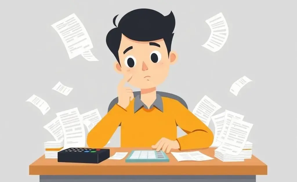 A cartoon of a person at a desk with receipts and a calculator