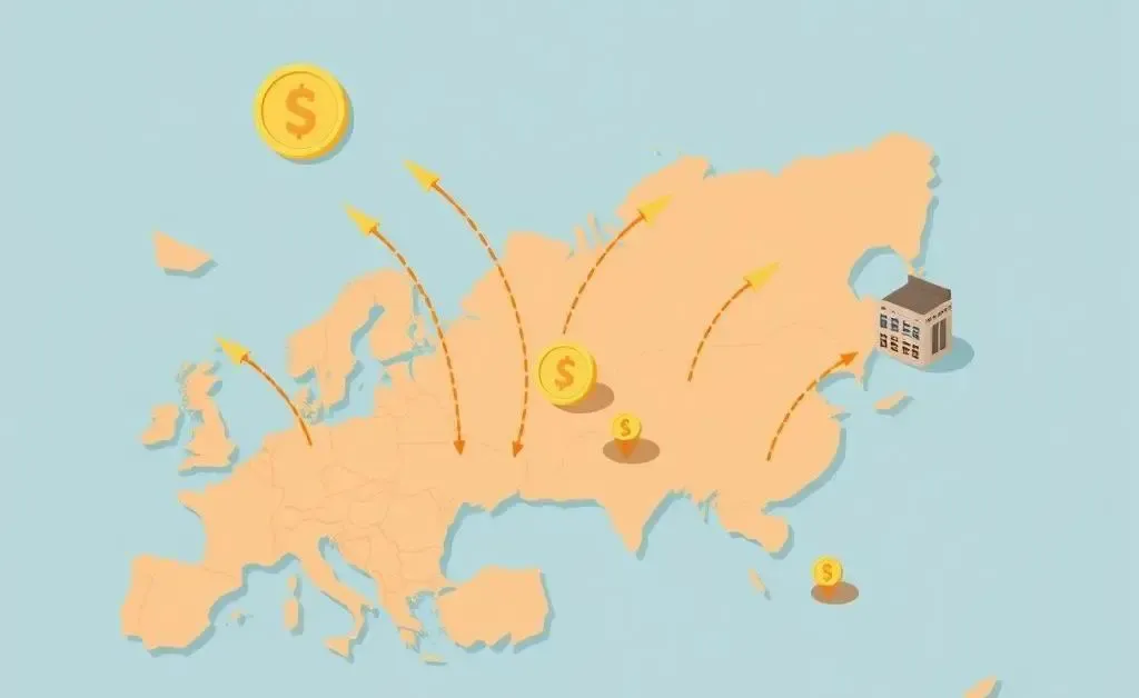 Illustration showing trade routes between EU and US with goods and coins